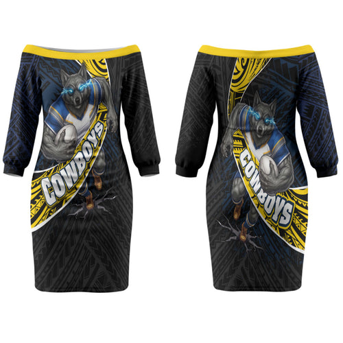 North Queensland Cowboys Rugby Family Matching Off The Shoulder Long Sleeve Dress and Hawaiian Shirt Tribal Polynesian Power Art - Lightning Mascot