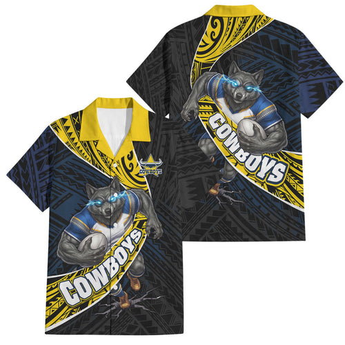North Queensland Cowboys Rugby Family Matching Off The Shoulder Long Sleeve Dress and Hawaiian Shirt Tribal Polynesian Power Art - Lightning Mascot