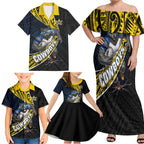 North Queensland Cowboys Rugby Family Matching Off Shoulder Maxi Dress and Hawaiian Shirt Tribal Polynesian Power Art - Lightning Mascot