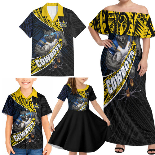 North Queensland Cowboys Rugby Family Matching Off Shoulder Maxi Dress and Hawaiian Shirt Tribal Polynesian Power Art - Lightning Mascot