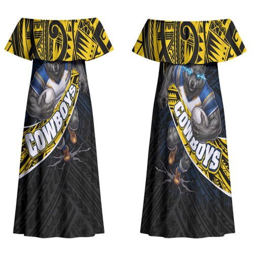 North Queensland Cowboys Rugby Family Matching Off Shoulder Maxi Dress and Hawaiian Shirt Tribal Polynesian Power Art - Lightning Mascot