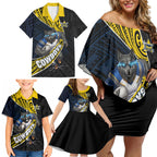 North Queensland Cowboys Rugby Family Matching Off Shoulder Short Dress and Hawaiian Shirt Tribal Polynesian Power Art - Lightning Mascot