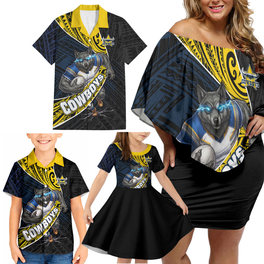 North Queensland Cowboys Rugby Family Matching Off Shoulder Short Dress and Hawaiian Shirt Tribal Polynesian Power Art - Lightning Mascot