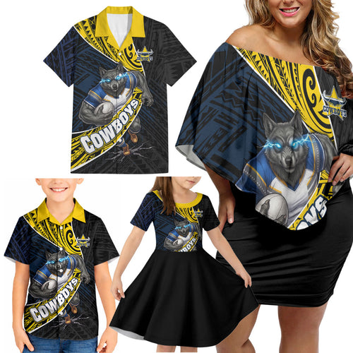 North Queensland Cowboys Rugby Family Matching Off Shoulder Short Dress and Hawaiian Shirt Tribal Polynesian Power Art - Lightning Mascot