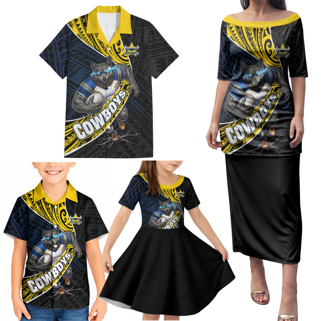North Queensland Cowboys Rugby Family Matching Puletasi and Hawaiian Shirt Tribal Polynesian Power Art - Lightning Mascot