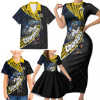 North Queensland Cowboys Rugby Family Matching Short Sleeve Bodycon Dress and Hawaiian Shirt Tribal Polynesian Power Art - Lightning Mascot