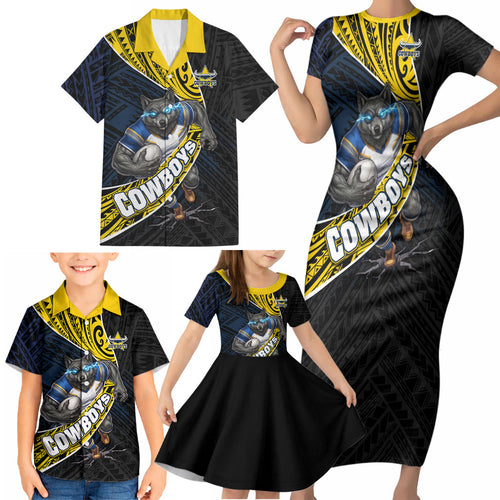 North Queensland Cowboys Rugby Family Matching Short Sleeve Bodycon Dress and Hawaiian Shirt Tribal Polynesian Power Art - Lightning Mascot