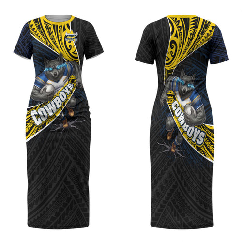 North Queensland Cowboys Rugby Family Matching Short Sleeve Bodycon Dress and Hawaiian Shirt Tribal Polynesian Power Art - Lightning Mascot