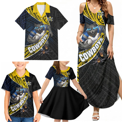 North Queensland Cowboys Rugby Family Matching Summer Maxi Dress and Hawaiian Shirt Tribal Polynesian Power Art - Lightning Mascot