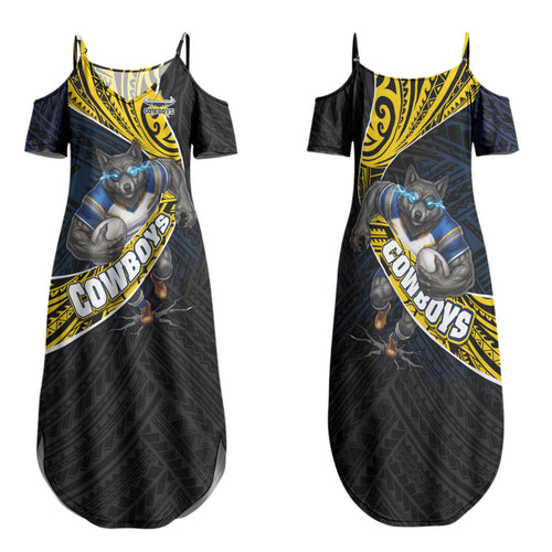 North Queensland Cowboys Rugby Family Matching Summer Maxi Dress and Hawaiian Shirt Tribal Polynesian Power Art - Lightning Mascot