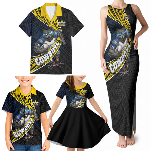 North Queensland Cowboys Rugby Family Matching Tank Maxi Dress and Hawaiian Shirt Tribal Polynesian Power Art - Lightning Mascot