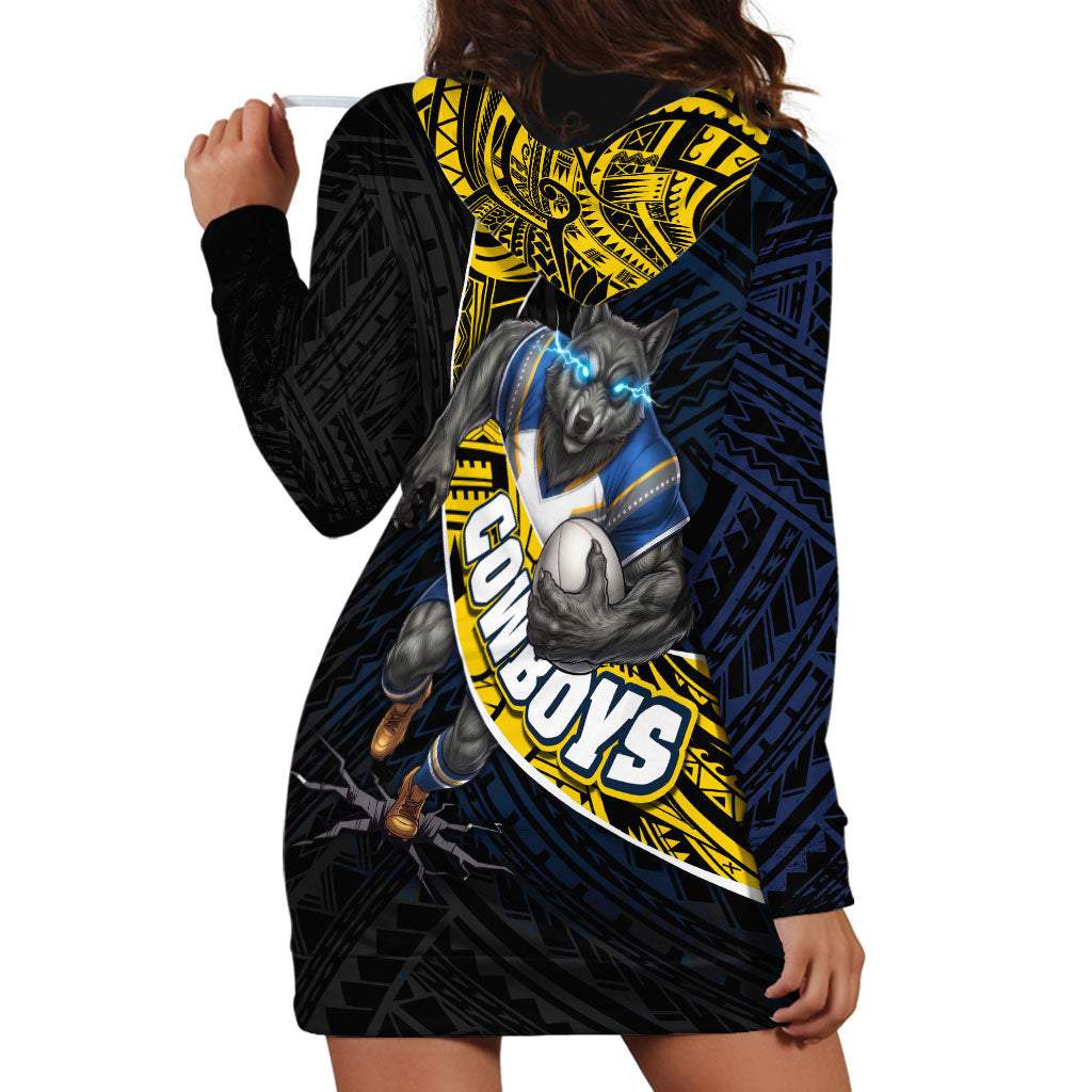 North Queensland Cowboys Rugby Hoodie Dress Tribal Polynesian Power Art - Lightning Mascot