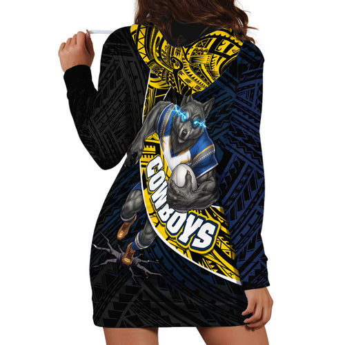 North Queensland Cowboys Rugby Hoodie Dress Tribal Polynesian Power Art - Lightning Mascot