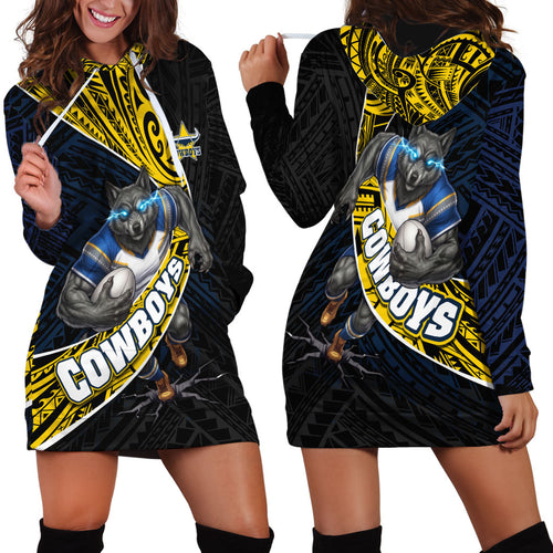 North Queensland Cowboys Rugby Hoodie Dress Tribal Polynesian Power Art - Lightning Mascot