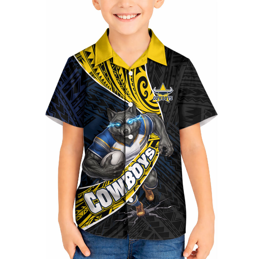 North Queensland Cowboys Rugby Kid Hawaiian Shirt Tribal Polynesian Power Art - Lightning Mascot