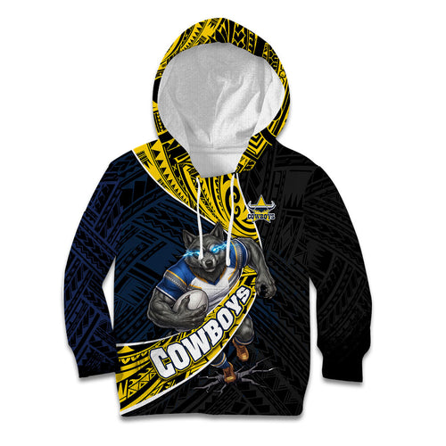 North Queensland Cowboys Rugby Kid Hoodie Tribal Polynesian Power Art - Lightning Mascot