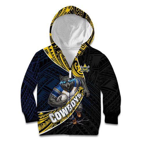 North Queensland Cowboys Rugby Kid Hoodie Tribal Polynesian Power Art - Lightning Mascot