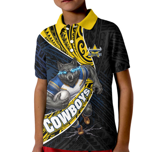 North Queensland Cowboys Rugby Kid Polo Shirt Tribal Polynesian Power Art - Lightning Mascot