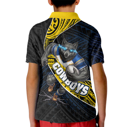 North Queensland Cowboys Rugby Kid Polo Shirt Tribal Polynesian Power Art - Lightning Mascot