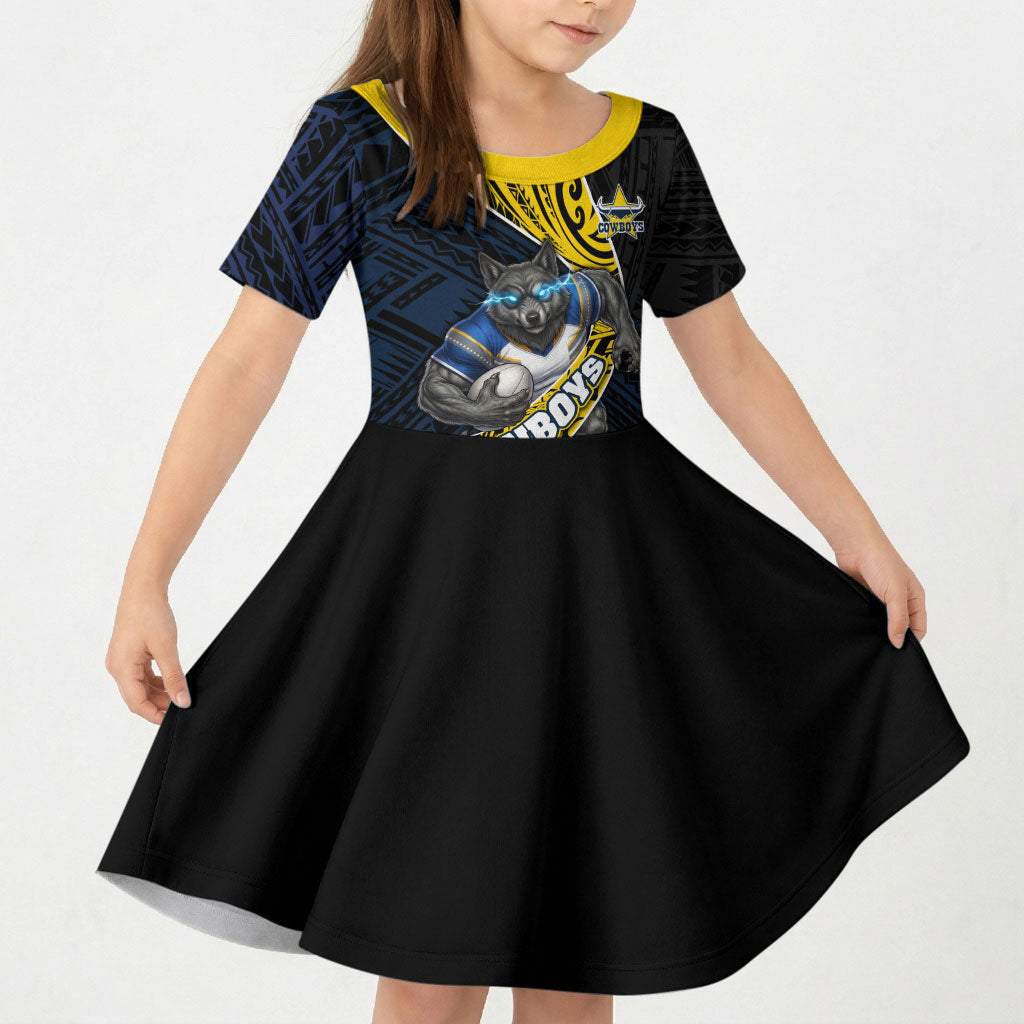 North Queensland Cowboys Rugby Kid Short Sleeve Dress Tribal Polynesian Power Art - Lightning Mascot