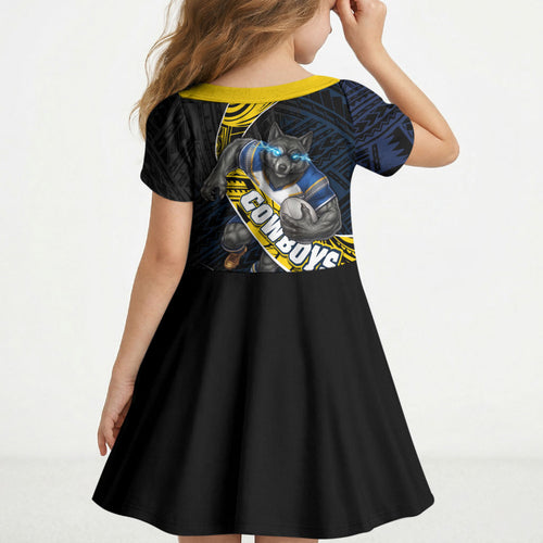 North Queensland Cowboys Rugby Kid Short Sleeve Dress Tribal Polynesian Power Art - Lightning Mascot