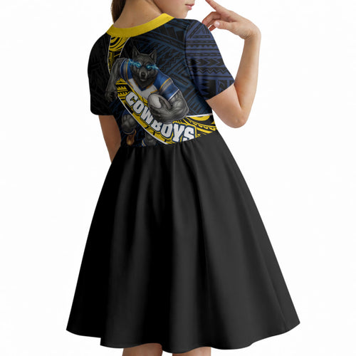 North Queensland Cowboys Rugby Kid Short Sleeve Dress Tribal Polynesian Power Art - Lightning Mascot