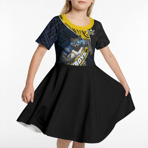 North Queensland Cowboys Rugby Kid Short Sleeve Dress Tribal Polynesian Power Art - Lightning Mascot