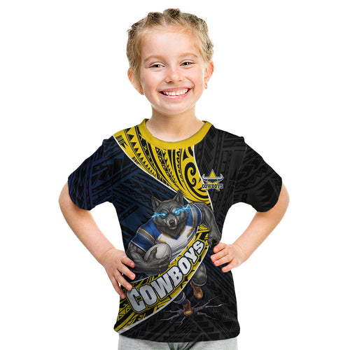 North Queensland Cowboys Rugby Kid T Shirt Tribal Polynesian Power Art - Lightning Mascot
