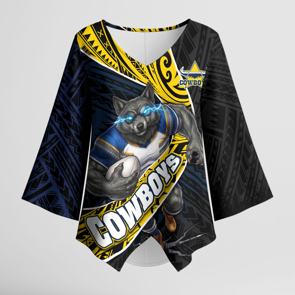 North Queensland Cowboys Rugby Kimono Sleeve Blouse Tribal Polynesian Power Art - Lightning Mascot