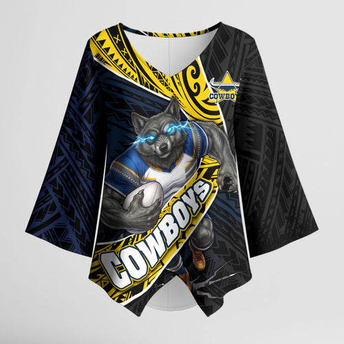 North Queensland Cowboys Rugby Kimono Sleeve Blouse Tribal Polynesian Power Art - Lightning Mascot