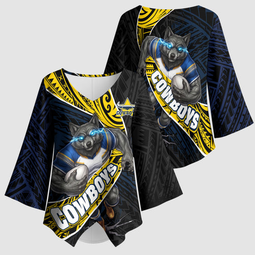 North Queensland Cowboys Rugby Kimono Sleeve Blouse Tribal Polynesian Power Art - Lightning Mascot
