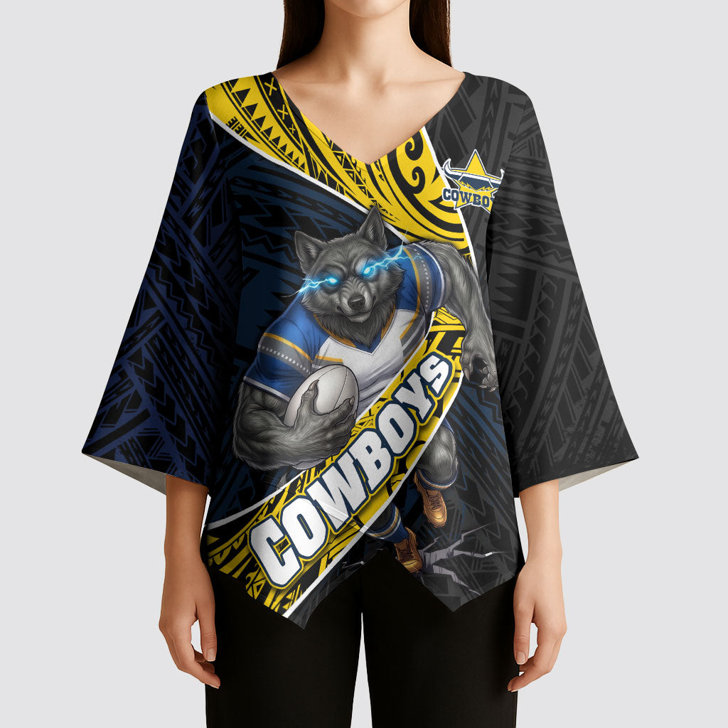 North Queensland Cowboys Rugby Kimono Sleeve Blouse Tribal Polynesian Power Art - Lightning Mascot