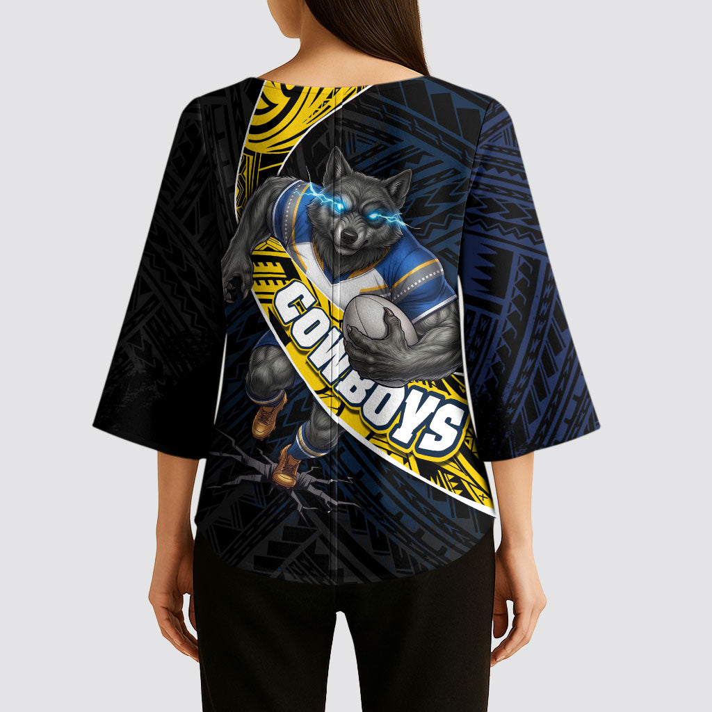 North Queensland Cowboys Rugby Kimono Sleeve Blouse Tribal Polynesian Power Art - Lightning Mascot
