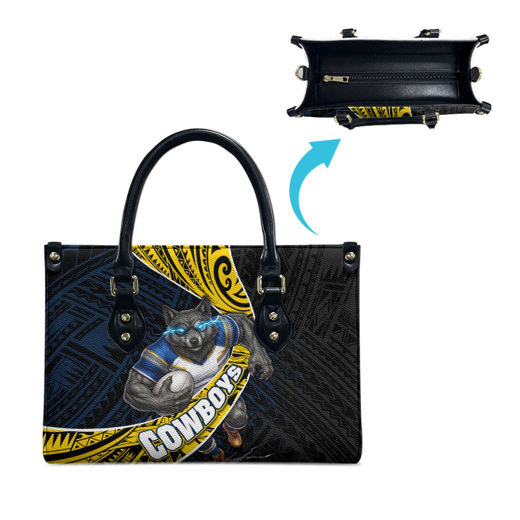 North Queensland Cowboys Rugby Leather Bag Tribal Polynesian Power Art - Lightning Mascot