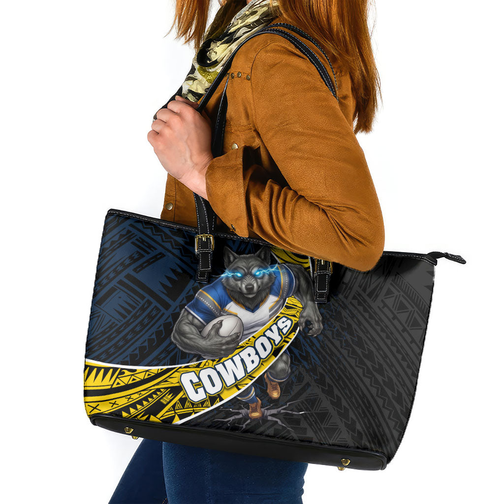 North Queensland Cowboys Rugby Leather Tote Bag Tribal Polynesian Power Art - Lightning Mascot