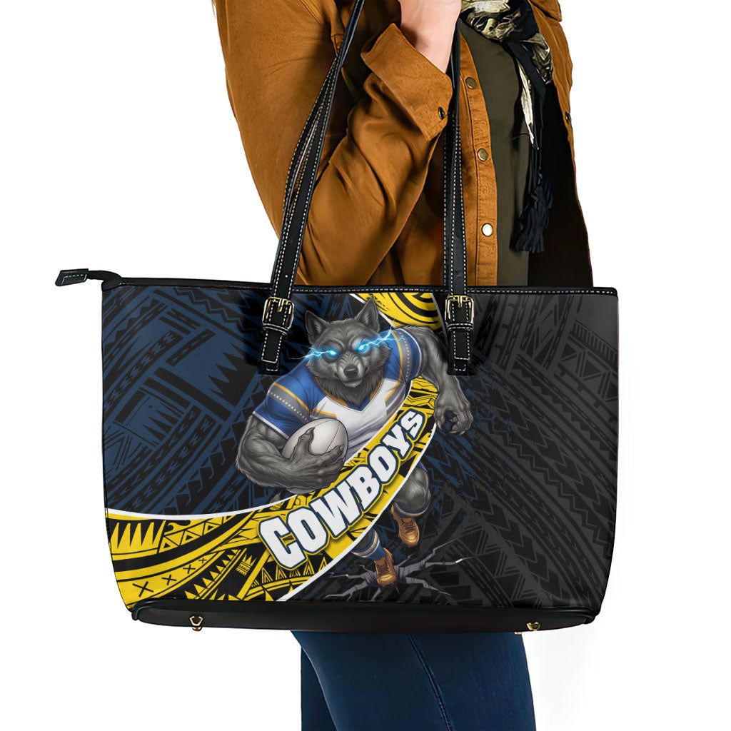 North Queensland Cowboys Rugby Leather Tote Bag Tribal Polynesian Power Art - Lightning Mascot