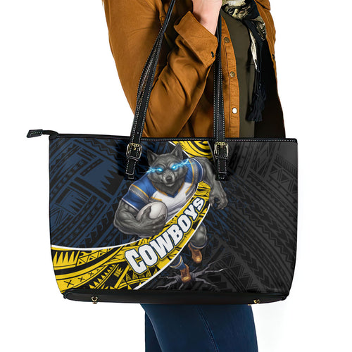North Queensland Cowboys Rugby Leather Tote Bag Tribal Polynesian Power Art - Lightning Mascot