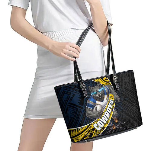 North Queensland Cowboys Rugby Leather Tote Bag Tribal Polynesian Power Art - Lightning Mascot