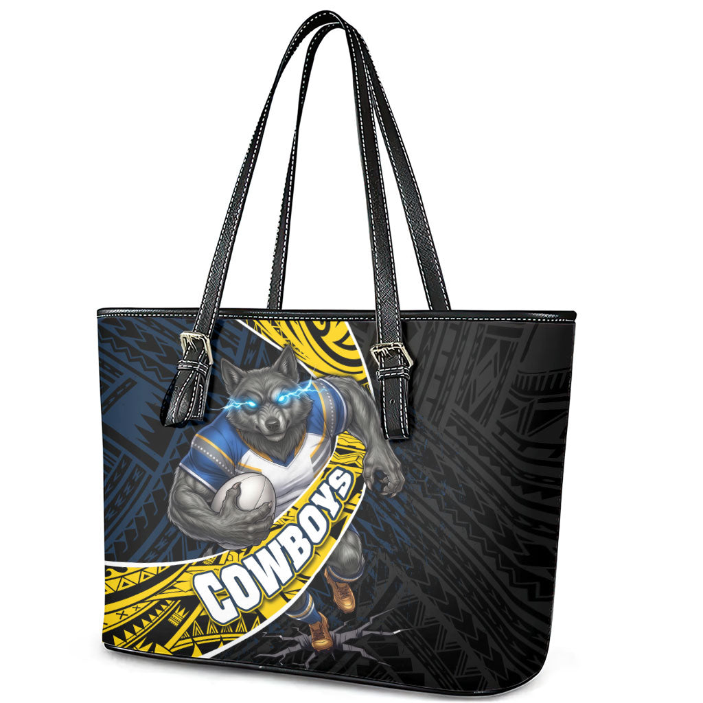 North Queensland Cowboys Rugby Leather Tote Bag Tribal Polynesian Power Art - Lightning Mascot