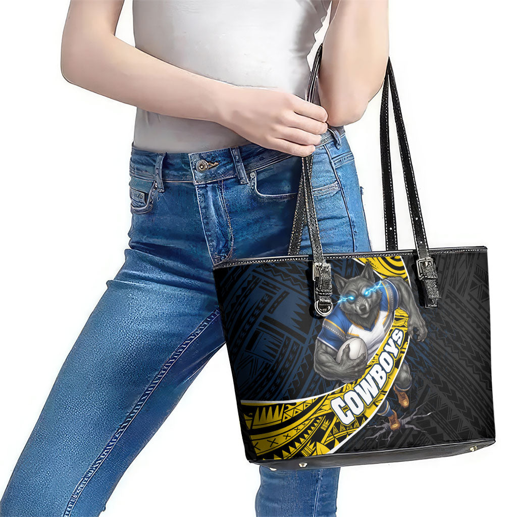 North Queensland Cowboys Rugby Leather Tote Bag Tribal Polynesian Power Art - Lightning Mascot