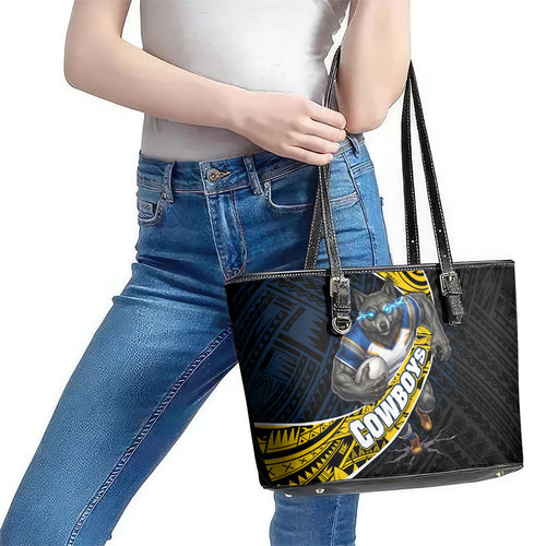 North Queensland Cowboys Rugby Leather Tote Bag Tribal Polynesian Power Art - Lightning Mascot