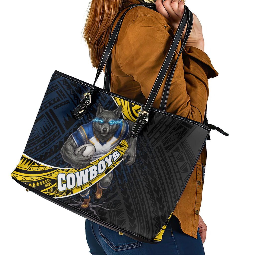 North Queensland Cowboys Rugby Leather Tote Bag Tribal Polynesian Power Art - Lightning Mascot
