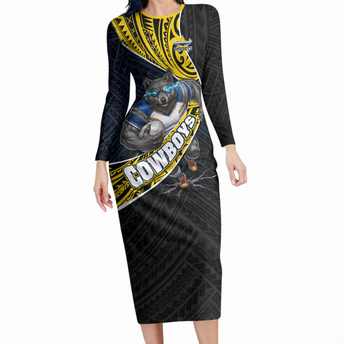 North Queensland Cowboys Rugby Long Sleeve Bodycon Dress Tribal Polynesian Power Art - Lightning Mascot