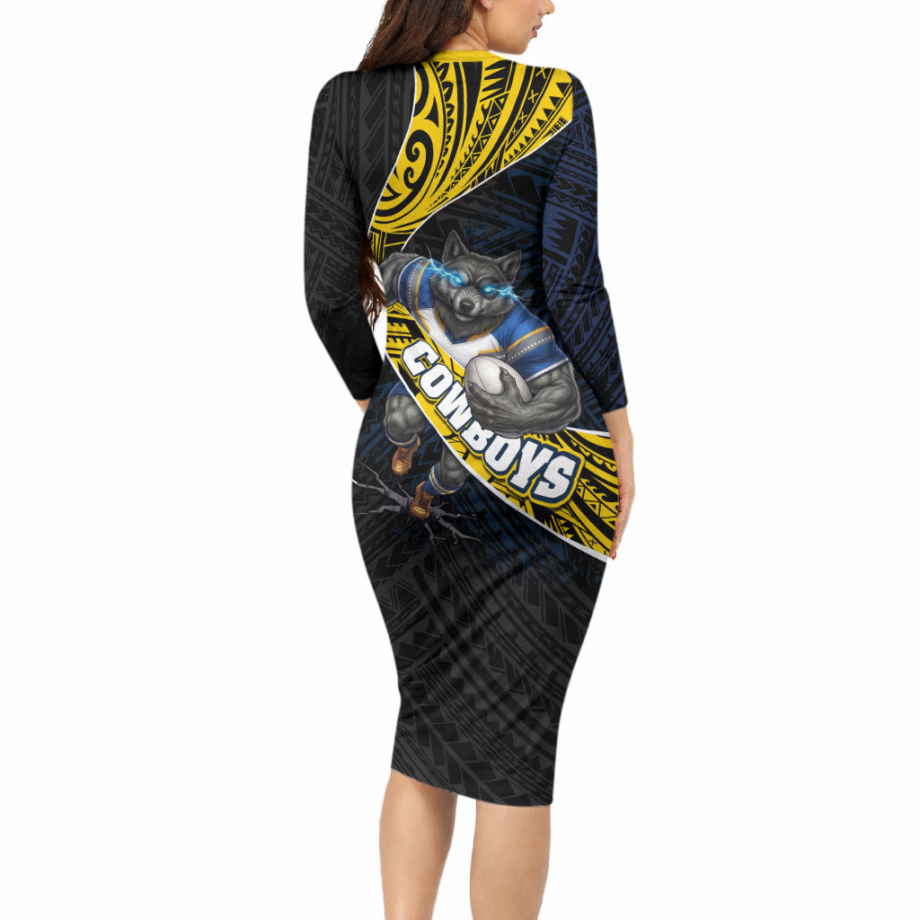 North Queensland Cowboys Rugby Long Sleeve Bodycon Dress Tribal Polynesian Power Art - Lightning Mascot
