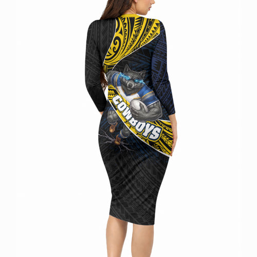 North Queensland Cowboys Rugby Long Sleeve Bodycon Dress Tribal Polynesian Power Art - Lightning Mascot