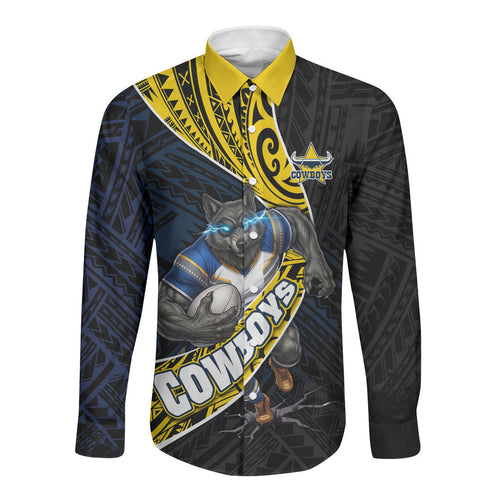 North Queensland Cowboys Rugby Long Sleeve Button Shirt Tribal Polynesian Power Art - Lightning Mascot