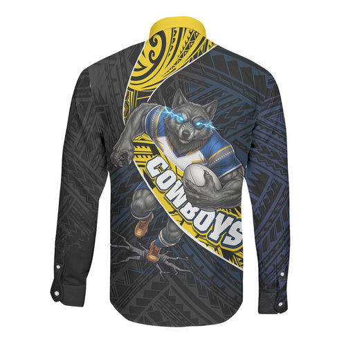 North Queensland Cowboys Rugby Long Sleeve Button Shirt Tribal Polynesian Power Art - Lightning Mascot