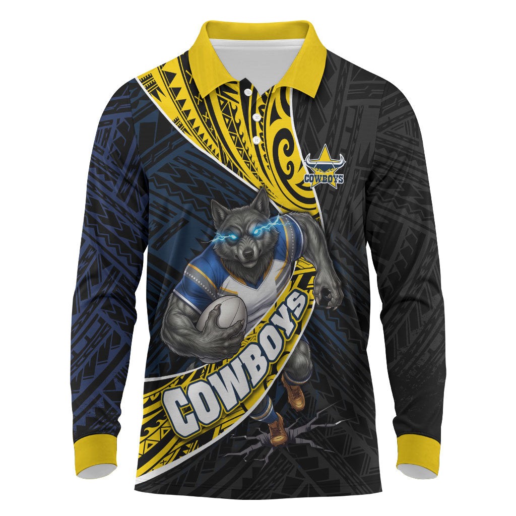 North Queensland Cowboys Rugby Long Sleeve Polo Shirt Tribal Polynesian Power Art - Lightning Mascot