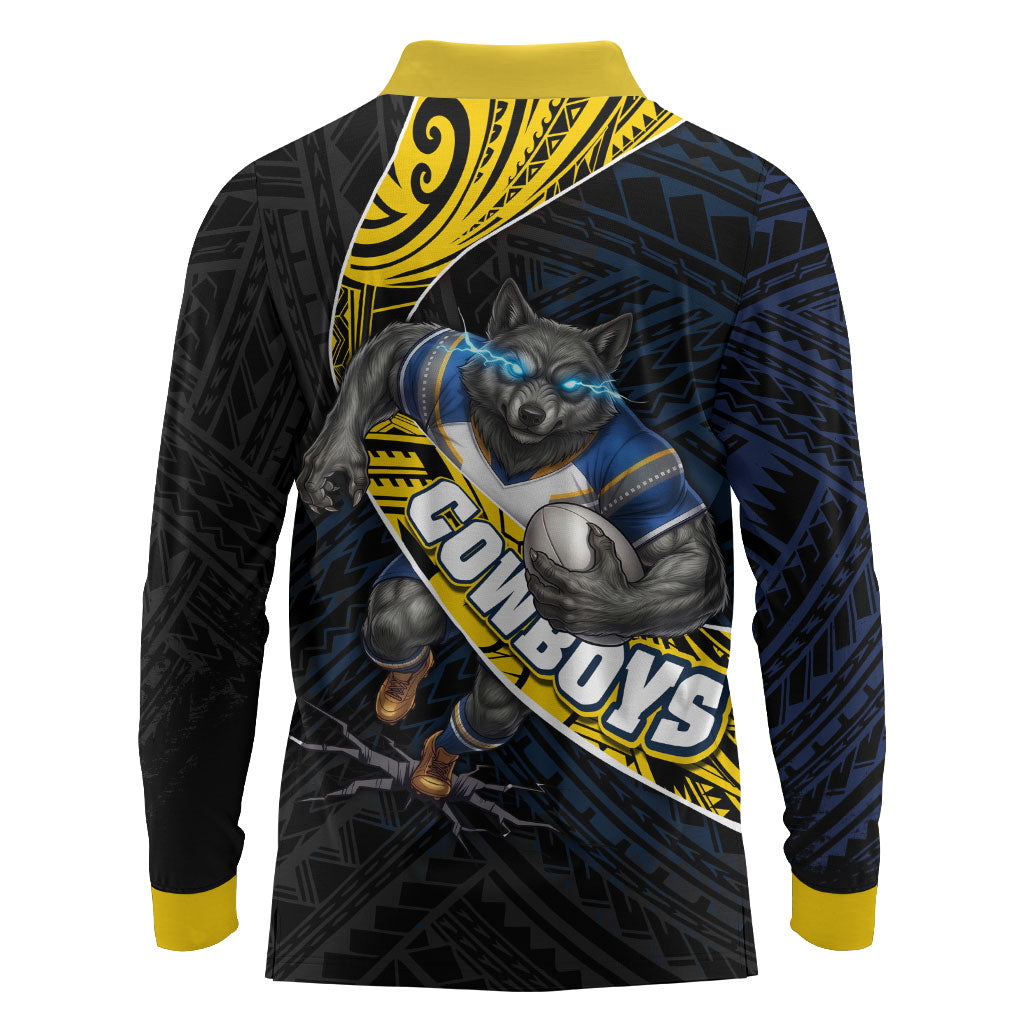 North Queensland Cowboys Rugby Long Sleeve Polo Shirt Tribal Polynesian Power Art - Lightning Mascot