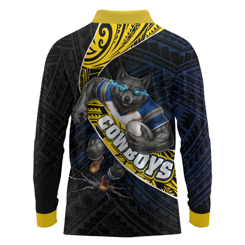North Queensland Cowboys Rugby Long Sleeve Polo Shirt Tribal Polynesian Power Art - Lightning Mascot